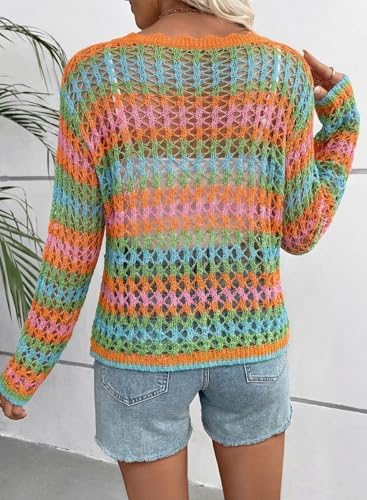 EVALESS Crochet Tops for Women Long Sleeve Hollow Out Knit Sweaters