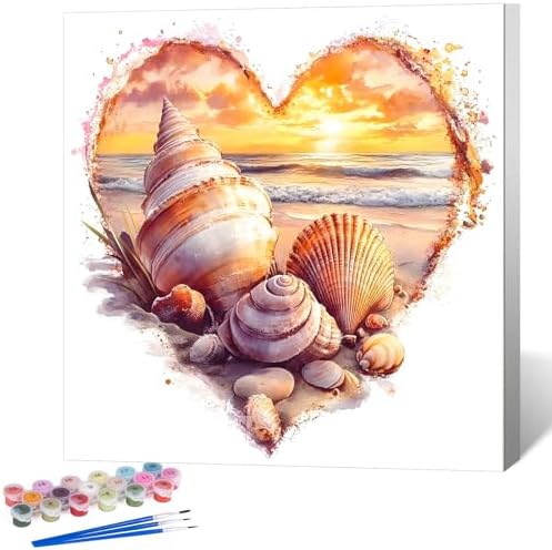 Framed Paint by Numbers Kit for Adults, Heart Seashell Beach Art 10x10 Inch