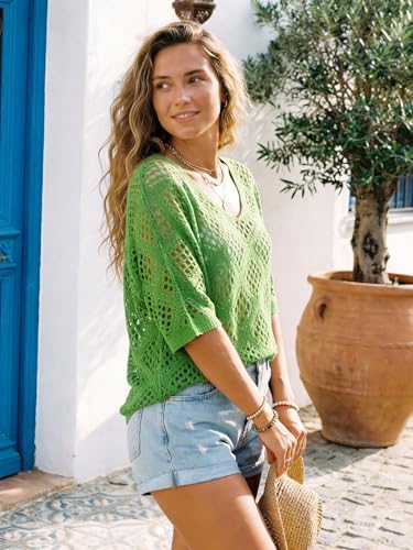 Womens Crochet Top Summer 3/4 Sleeve Cover Up V Neck Boho Tops