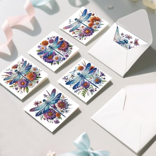 Diamond Art Cards with Envelopes–6PCS DIY Diamond Painting Greeting Cards Kit | Card Making Kit with Bling for Adults & Beginners | Birthday,Holiday & Thank You Cards (Flower Dragonfly)