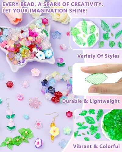FIVEIZERO 300Pcs Acrylic Green Leaf Flower Beads for Jewelry Making