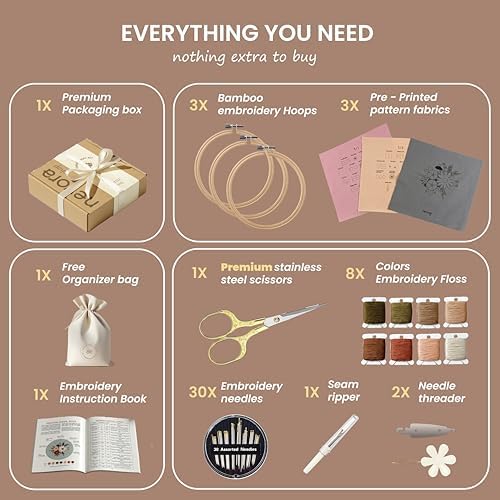 nevora shop Beginner Embroidery Kit for Adults with 3 Hoop