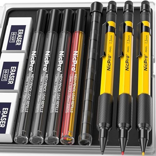 Nicpro 3 PCS 1.3 mm Mechanical Pencil Set with 48 Lead Refills, 3 Eraser