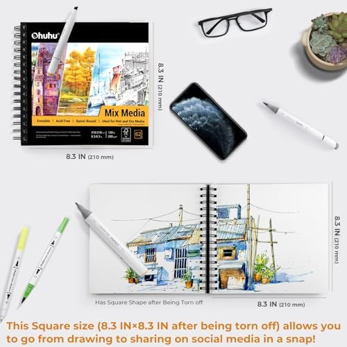 Ohuhu 8.3"x8.3" Mix Media Pad Art Sketchbook 62 Sheets for Painting Drawing | Square Sketch Book - 120 LB/200 GSM Heavyweight Paper - Spiral-Bound Mixed Media Paper for Watercolor Acrylic Christmas Gift