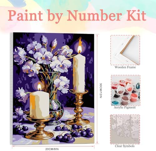 Auremi Purple Flower Framed Paint by Number for Adults,DIY Candle Painting by Number Kits on Canvas Acrylic Oil Painting Kits for Adults Paint by Number Kits for Home Decor 20x30cm