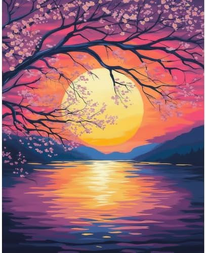 Natuyalo Sunset Scenery Paint by Numbers Kit for Adults, Lakeside View Painting by Numbers, DIY Acrylic Paint Kit for Adults Frameless, Easy Adult Paint by Number Kits on Canvas for Decor 16x20 inch