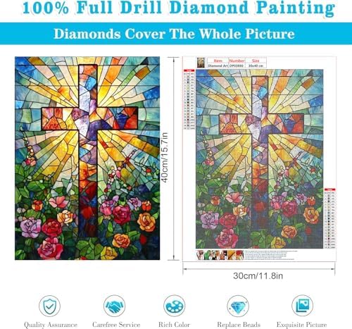 RYMILIE Diamond Art Kits for Adults Stained Glass Cross12x16inch | 5D Stress Relief Diamond Painting Kit for Beginners, DIY Full Round Drill Gem Art Crafts for Home Wall Decor Gift