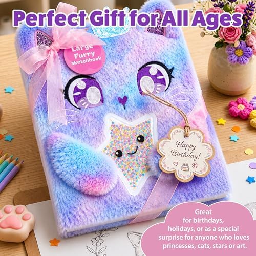 VOTUM Cat Princess Furry Sketchbook for Girls, 8x11 Plush Notebook with Crown & Star Charm, Soft Fluffy Journal & Diary for Drawing, Writing, Birthday, Christmas for Girls