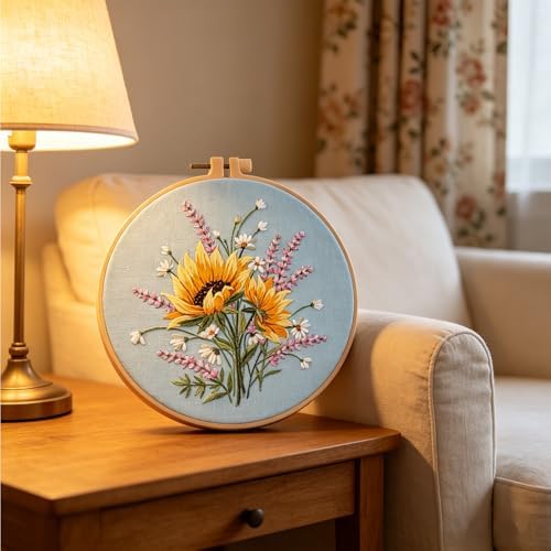 Silentsea Embroidery Kit – Sunny Sunflowers with Delicate Purple and White Floral Accents, Perfect for Beginners and Craft Lovers