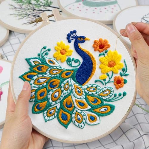 Louise Maelys Peacock Flower Embroidery Kit for Beginners Canvas Tote Bag