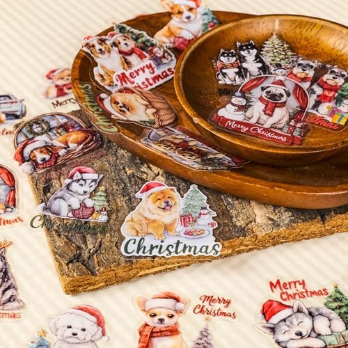 56 Pcs Cute Christmas Dog Stickers, Clear Waterproof Scrapbook Stickers with Santa Hat & Gifts, Adorable Puppy Holiday Decorative Decals for Journals, Crafts Cards Making