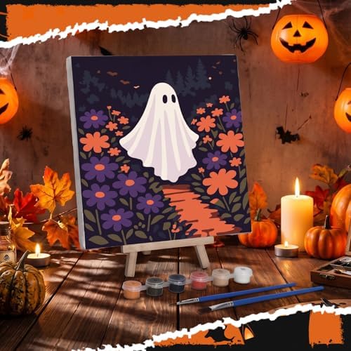 Nezyo 12 Pack Halloween Paint by Numbers Kit for Adults Beginner 8x8 Inch | Ghost Black Cat Witch Pattern, Paint by Number Frame Canvas, DIY Acrylic Easy Painting by Numbers for Home Wall Decor Party