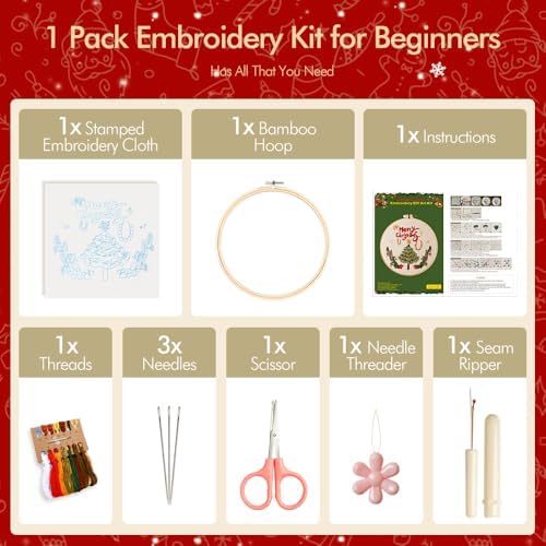 wtisan Christmas Embroidery Kit, Cross Stitch Kits for Beginners, Needlepoint with All Tools & Instructions, Stamped Hand Embroidery Starter Kit for Holiday Crafts & Xmas Home Decor, W18