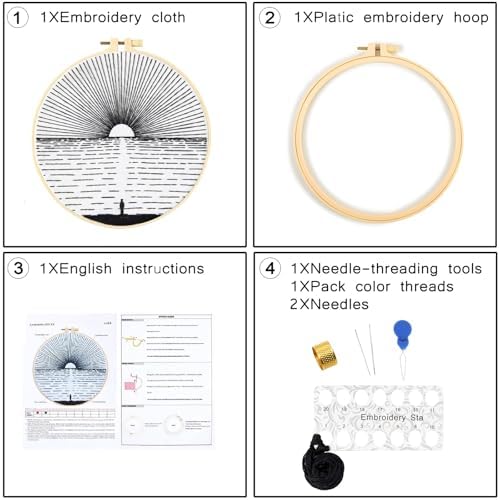 Crafmanoe Hand Embroidery Kits for Beginners Adults, Ocean Sunrise Embroidery Starter Kits, Counted Cross Stitch Kits for Beginners Adults Hobbies Sets for Women, Embroidery Hoops, Fabric and Thread