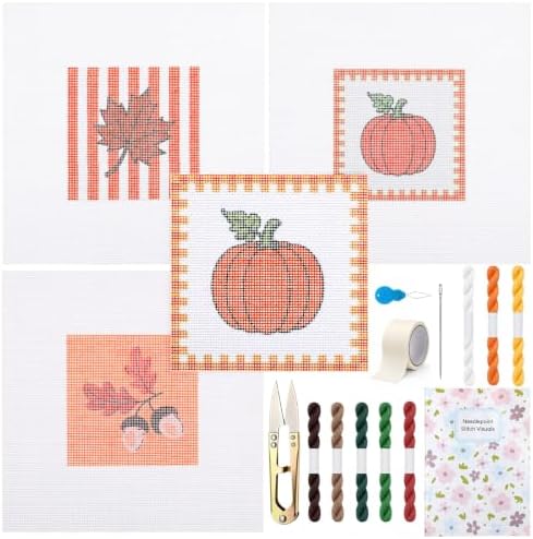 Irenare 3 Sets Fall Needlepoint Kit for Beginners Embroidery Cross Stitch Kit for Adults Pre-Pumpkin Acorn Maple Leaf Printed Canvas with Thread Needle Instruction Tape Scissors for DIY Crafts Gift