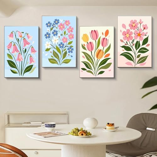 Gemozaic 4 Pack Paint by Numbers Kit for Adults with Frame, Easy Flowers