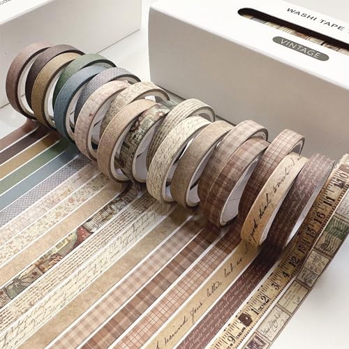 Vintage Washi Tape Set 20 Rolls Skinny Retro Decorative Antique Patterns Masking Tapes for Arts, DIY Crafts, Journals, Planners, Scrapbook, Wrapping (Vintage)