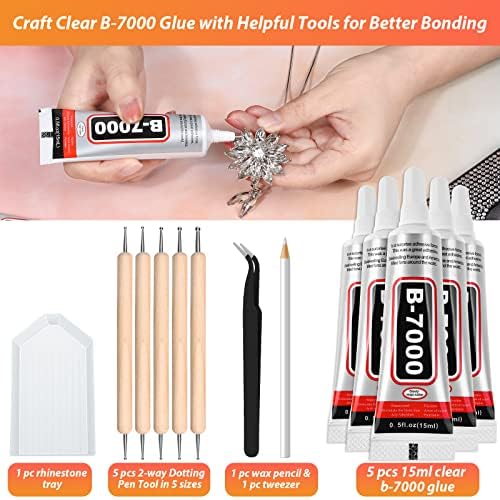 B7000 Clear Adhesive with Precision Tips, 5 PCS B-7000 Jewelry Bead Glue for Diamond Rhinestone Applicator Tools Set - Strength Adhesive for Nail Art DIY Crafts Clothes Shoes Bags