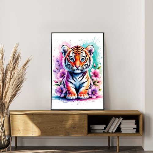 Framed Paint by Numbers Kit for Adults, Tiger & Flower Decor 8x12 Inch