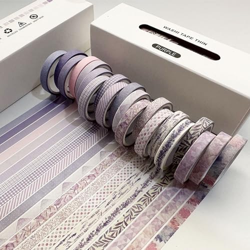Vintage Washi Tape Set 20 Rolls Skinny Retro Decorative Antique Patterns Masking Tapes for Arts, DIY Crafts, Journals, Planners, Scrapbook, Wrapping (Purple)