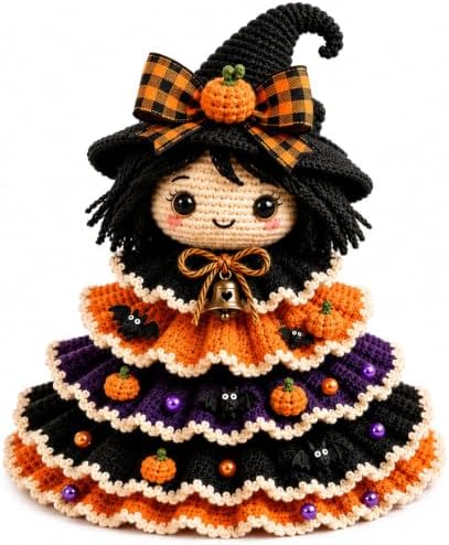 Halloween Crochet Tabletop Decor DIY Kit, Crochet Animal Halloween Tree DIY Craft Kit with Pumpkin Cow Character, Handmade Creative Holiday Craft Set for Adults, Gift for Craft Lovers，Witch