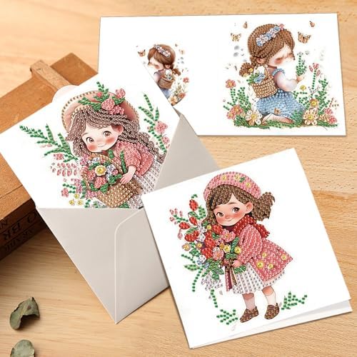 6pcs Diamond Art Painting Kit Greeting Card, Flower Picking Flower Garden 5D DIY Diamond Handmade Holiday Greeting Card with Envelope, Holiday Gift Congratulation