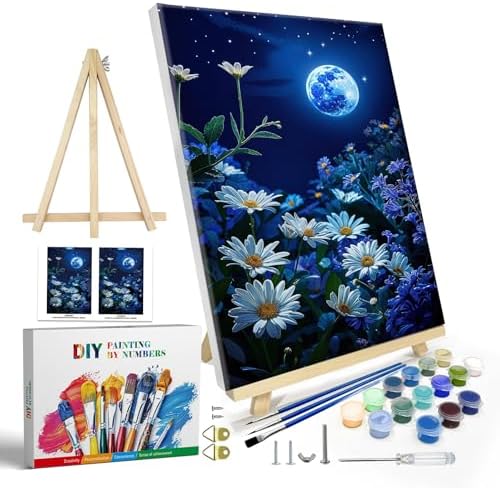 JOOZ Paint by Numbers Kit for Adults with Frame, Moon Paint by Number with Easel, DIY Starry Sky Flowers Oil Painting by Numbers, Easy Adult Paint by Number Kits on Canvas for Wall Decor 8x12 Inch
