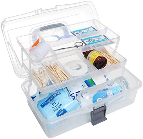 MyGift 13 Inch Clear Plastic Multipurpose Storage Box Gray Handle, 2 Trays
