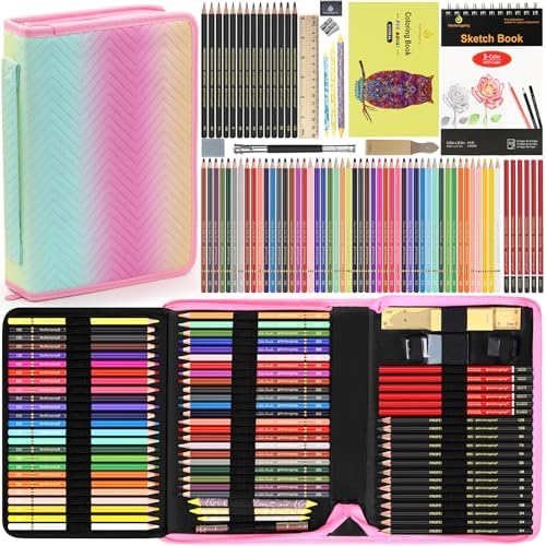 80pcs Drawing Kit Sketching Set Art Sketch Supplies Coloring pencils Kit 48 Colored pencil,14 Graphit, 6 Charcoal, 50 Page 3-Color sketckbook coloring book Portable Case ect. Beginners Artists Adults