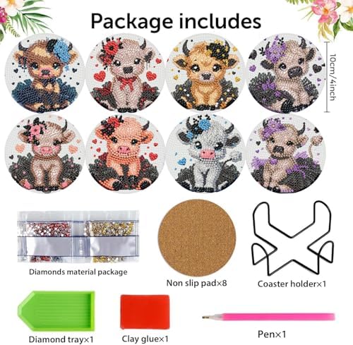8 Pack Diamond Art Coasters,Highland Cow Diamond Painting Coasters Kits