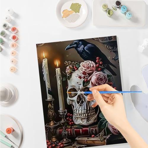 SENQAO Skull Paint by Numbers Kit for Adults Beginner, Halloween Adult Paint by Number Kits on Canvas, DIY Acrylic Oil Easy Painting by Numbers for Home Wall Decor 8X12 inch (Crow Candle)