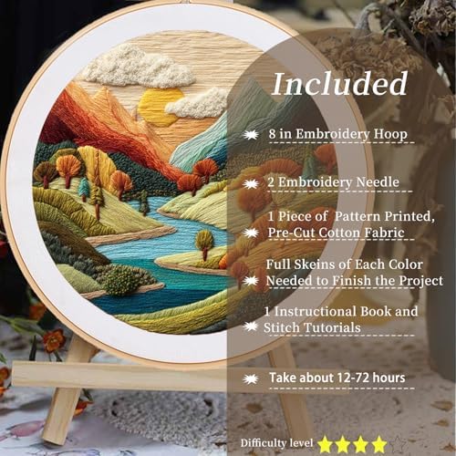 FONNUY Embroidery Kit for Beginners, Brightly Colored Landscape Lake Pre-Stamped Pattern Kits for Adults with Hoop, Easy to Follow Color Thread Needlework, 8'' Hoop (Lightblue)