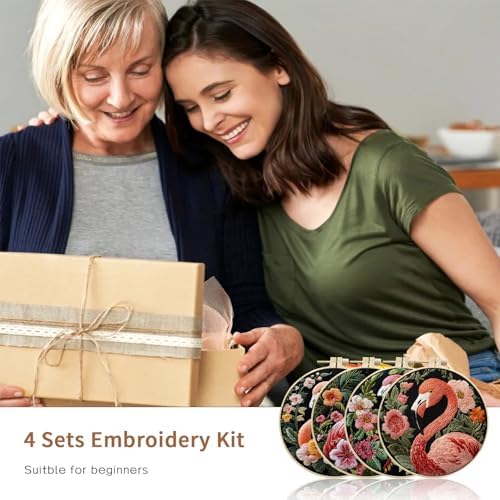 LB 4 Pack Pink Flamingo Embroidery Kit for Beginners Green Leaf Plant Beginner Embroidery Kit for Adults DIY Starter Kit with Embroidery Hoop Colorful Threads Tools Step by Step Instructions