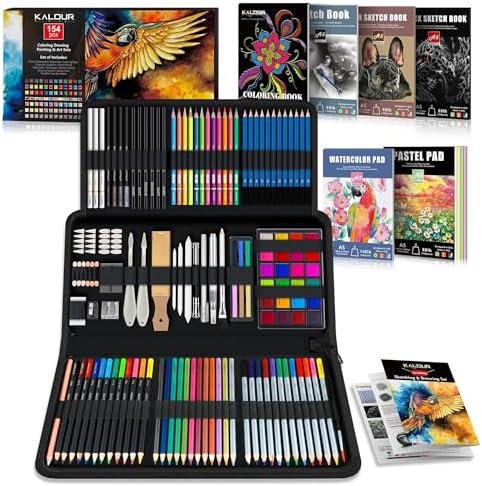 KALOUR 154PCS Artists Art Supplies - Drawing Kit with 6 Sketchbook,Tutorial,Coloring Paper - Graphite,Colored, Charcoal, Watercolor & Metallic Pencils - for Artists and Beginners