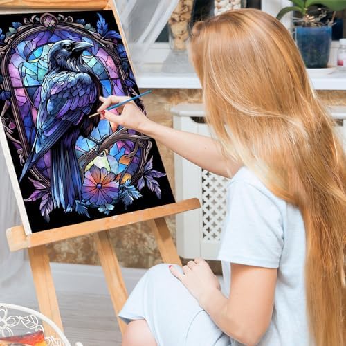 Bowetile Raven Stained Glass Framed Paint by Numbers for Adults, Gothic Crow Adults' Paint-by-Number Kits on Canvas, Acrylic Number Painting Kits Halloween Gifts for Home Decor, 8x12in