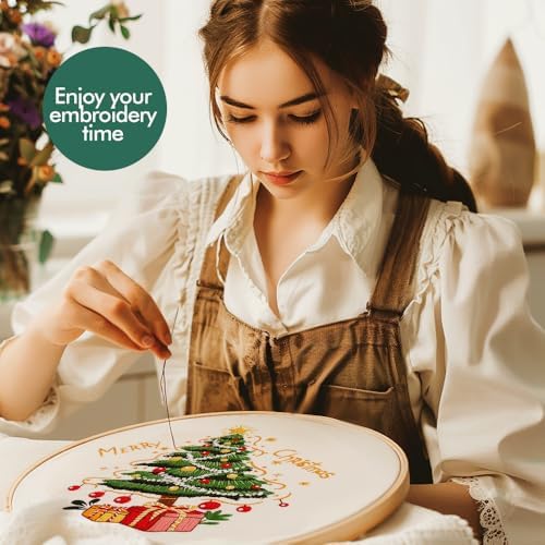 wtisan Christmas Embroidery Kit, Cross Stitch Kits for Beginners, Needlepoint with All Tools & Instructions, Stamped Hand Embroidery Starter Kit for Holiday Crafts & Xmas Home Decor, W10