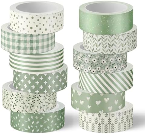 Whaline 12 Rolls Sage Green Floral Washi Tape Masking Tape Set Flower Leaves Plaid Striped Decorative Wrapping Paper Tapes Boxed for Wedding Scrapbook Journal DIY Crafts