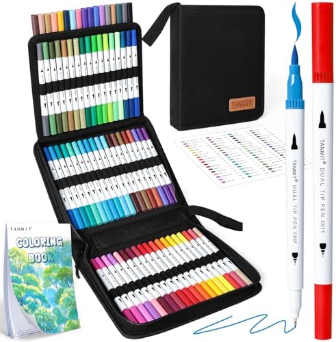 TANMIT 72 Dual Brush Markers for Adult Coloring Books | No Bleeding, Dual Tip Art Markers Set with Fine and Brush Tip Pens for Journaling Sketch Hand Lettering