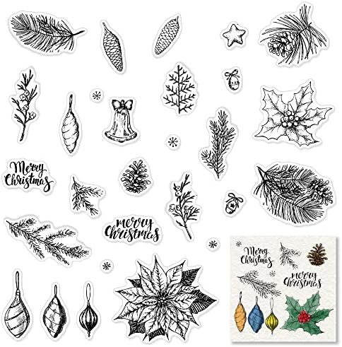 Christmas Trees Leaves Clear Stamps for Card Making and Photo Album Decorations, Flowers Rubber Stamps Xmas Pine Cone Silicone Stamp Seal for Christmas DIY Scrapbooking