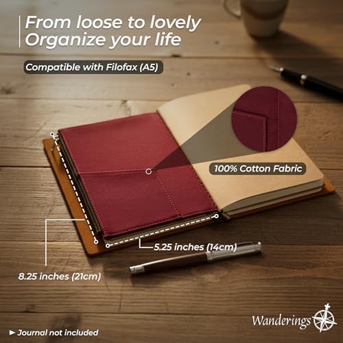 WANDERINGS Zipper Case Card Sleeve Holder Travelers Journal Accessory for Refillable Travel Journals - A5 Size - 5.25" x 8.25" - Durable 100% Cotton Fabric Planner Accessories Case