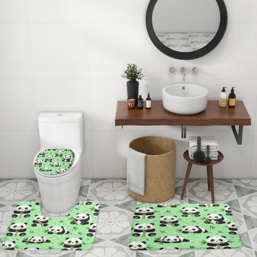 Cartoon Kawii Baby Panda Shower Curtain Sets 4 Piece,Cute Spring Forest Bamboo Trees Bathroom Decor Sets with Rugs,Funny Animal Panda Bears Waterproof Toilet Lid Cover Bath Mat