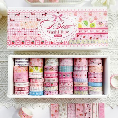 42 Rolls Bow Aesthetic Washi Tape Set with 10 Organizer Cards, Cute Pink Decorative Masking Tape for Journaling, Scrapbooking, Planners, Junk Journal, Gift Wrapping, DIY Crafts and Stationery Supplies
