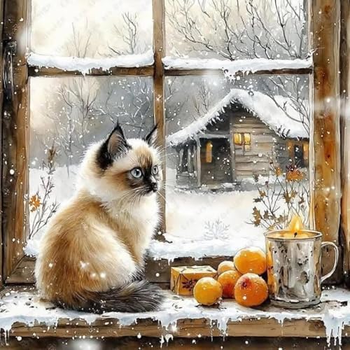 Christmas Diamond Art Kits for Adults, Winter Cat Diamond Painting Kits