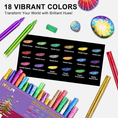 IVSUN Metallic Markers, 18 Colors Glitter Acrylic Gold Paint Pens | Super Golden Markers for Black Paper, Rock, Glass, Wood, Scrapbooking, Photo Albums, Card Making, DIY Crafts Supplies