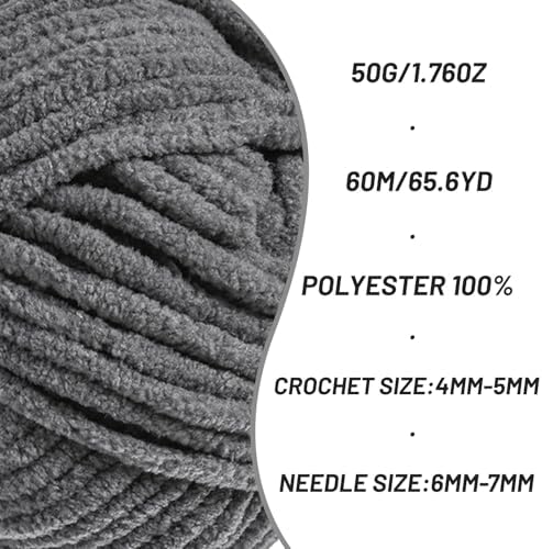 2 Packs Plush Chenille Chunky Crochet Yarn - Baby Yarn for Crocheting Soft - Velvet Yarns Knitting for Blankets Crafts - Fluffy Amigurumi Yarns 100g/131yds (2 Dark Gray)
