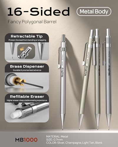 Nicpro 4 Pack Mechanical Pencil 0.7mm, MB1000 Metal Mechanical Pencil Set