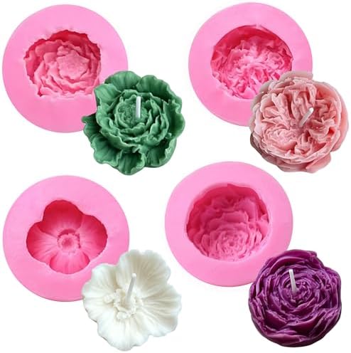 4 Pcs Flower Silicone Molds, Flower Candle Molds for Candle Making,3D Floral Silicone Resin Mold Peony Rose Ranunculus Fondant Mold for Chocolate Cake Decorating Soap Wax Resin Craft