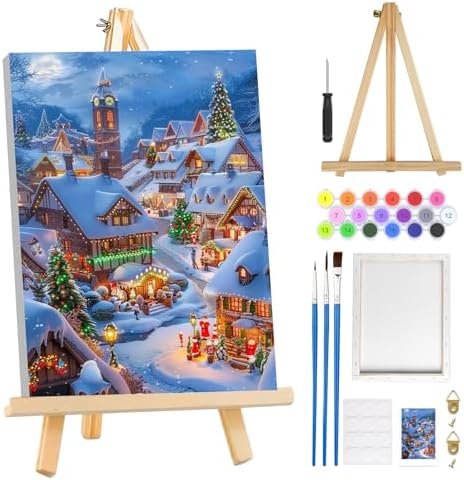 MOGTAA Christmas Paint by Numbers Kit for Adults Beginners with Frame, Christmas Winter Adult Paint by Number Kits on Canvas with Easel, Easy DIY Oil Painting Kits for Home Decor, 8x12in
