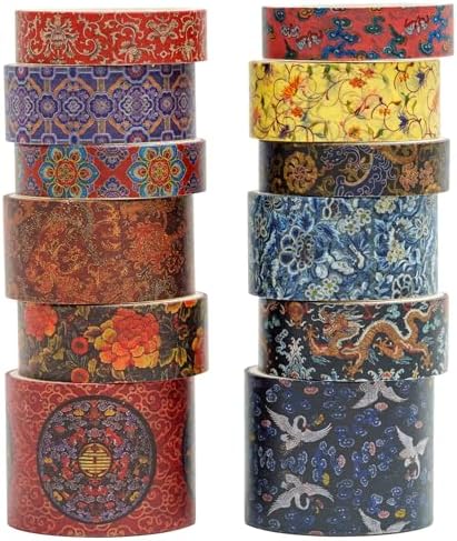 12 Rolls Chinoiserie Washi Tape Set Chinese Arts Adhesive Tapes Geometric Garden Decorative Masking Tape Sets for Craft, Kids, Scrapbook, DIY, Gift Wrapping (Drifting on Azure Waves)