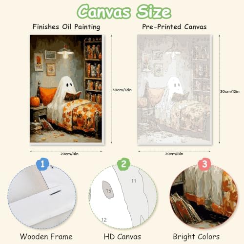 Spandrel Halloween Ghost Framed Paint by Numbers Kit for Adult, Vintage Paint by Number Kits on Canvas Ghost Reading, DIY Acrylic Oil Halloween Painting by Numbers Gifts for Home Wall Decor, 8x12in